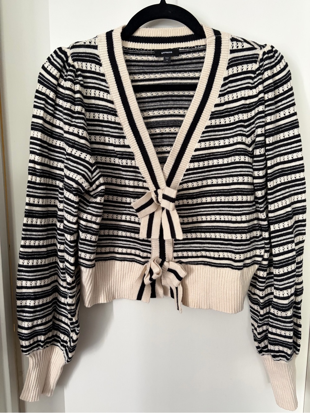 Express Black & Cream Striped Tie-Front Cardigan